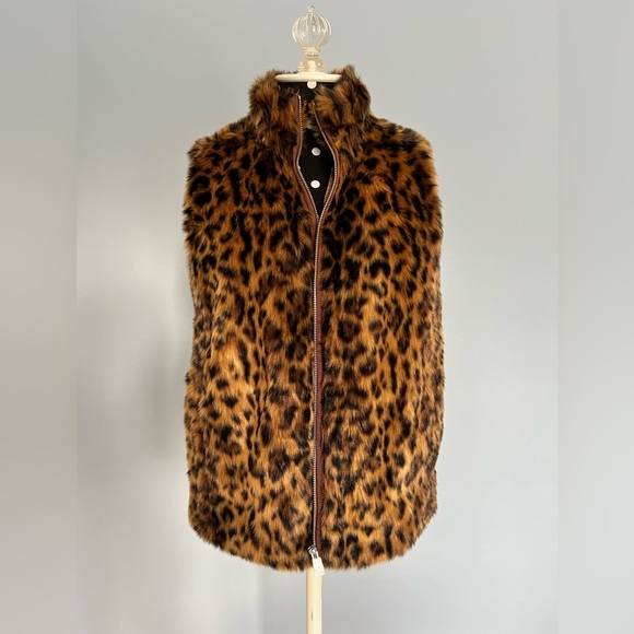 NWT J Crew faux fur vest leopard brown black print zipper XS - Picture 2 of 5
